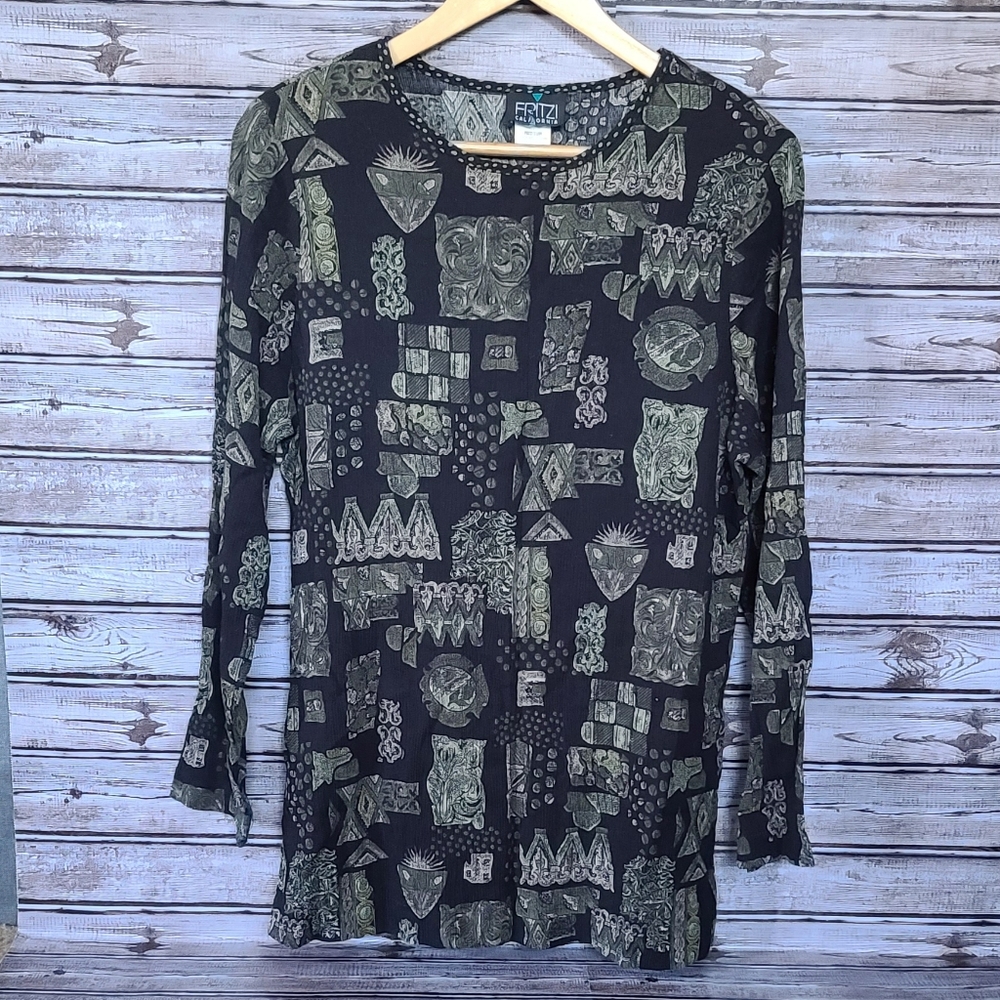 2 For $10 Vintage Fritzi 90s Green Print Tunic Blouse M